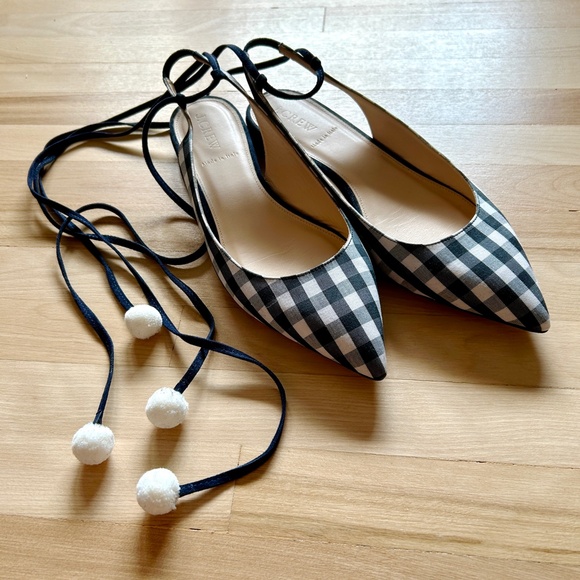 J. Crew Lily Ballet Flats Gingham Print Navy White with Ankle Wrap Size 9 - Picture 1 of 14